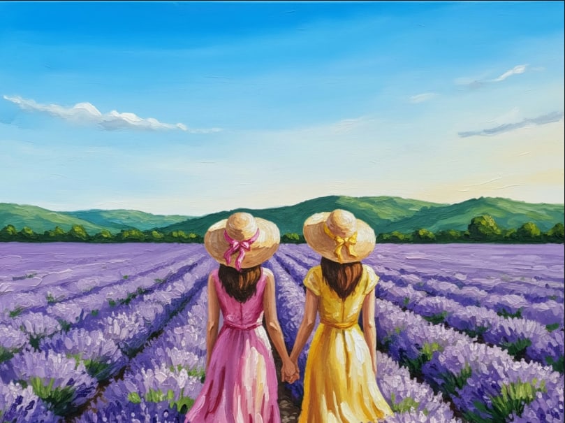 A painting of two women in wide sun hats walking hand in hand between rows of lavender