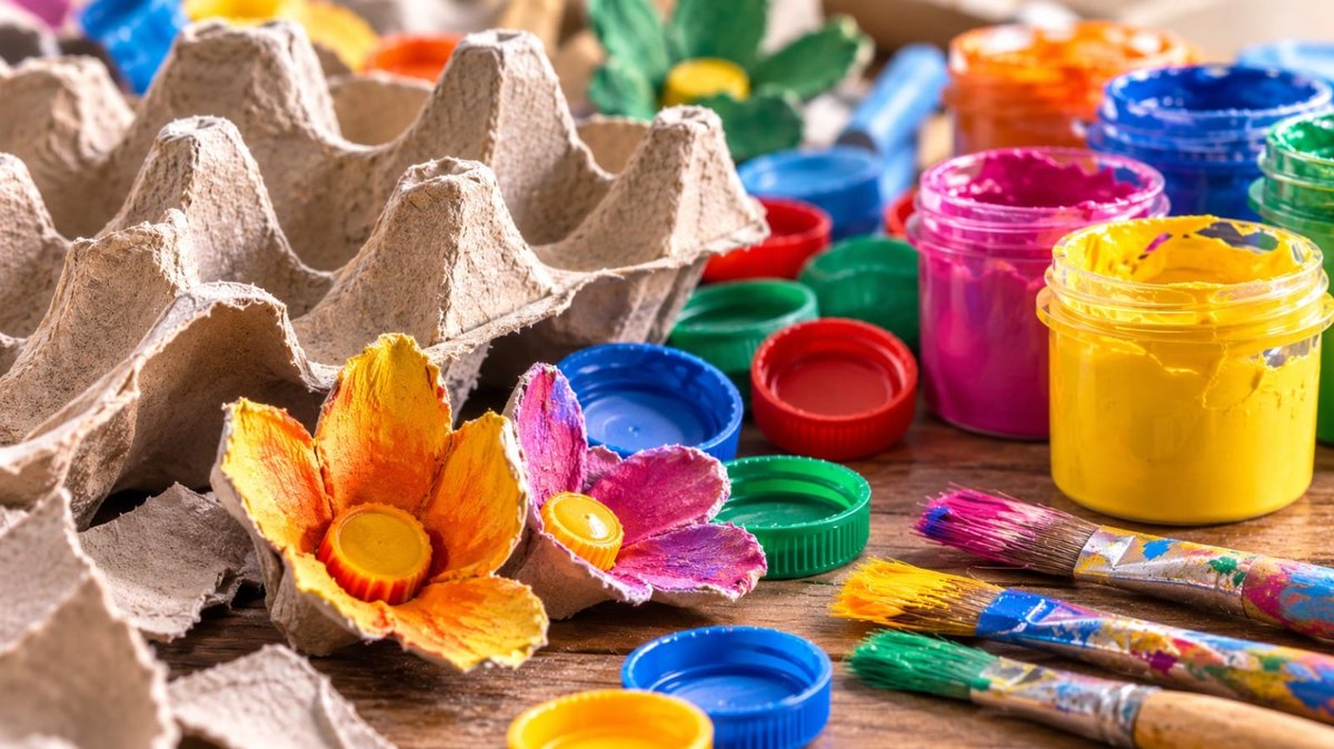Egg cartons cut and painted into bright flowers, beside bottle tops, jars of paint and well-used brushes