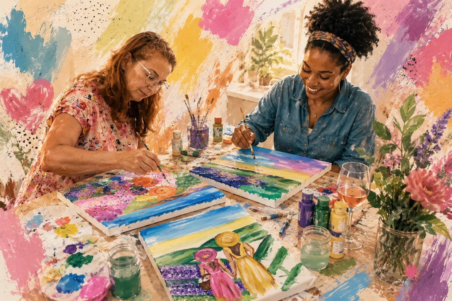Illustration of two people painting canvases together at a colourful, paint-splashed workshop table